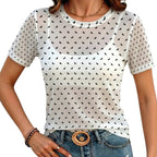 Polka Bats Mesh Sheer T-Shirt Crew Neck Short Sleeve Top