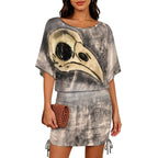 All Over Print Women's Boat Neck Batball Sleeve Pleated Dress
