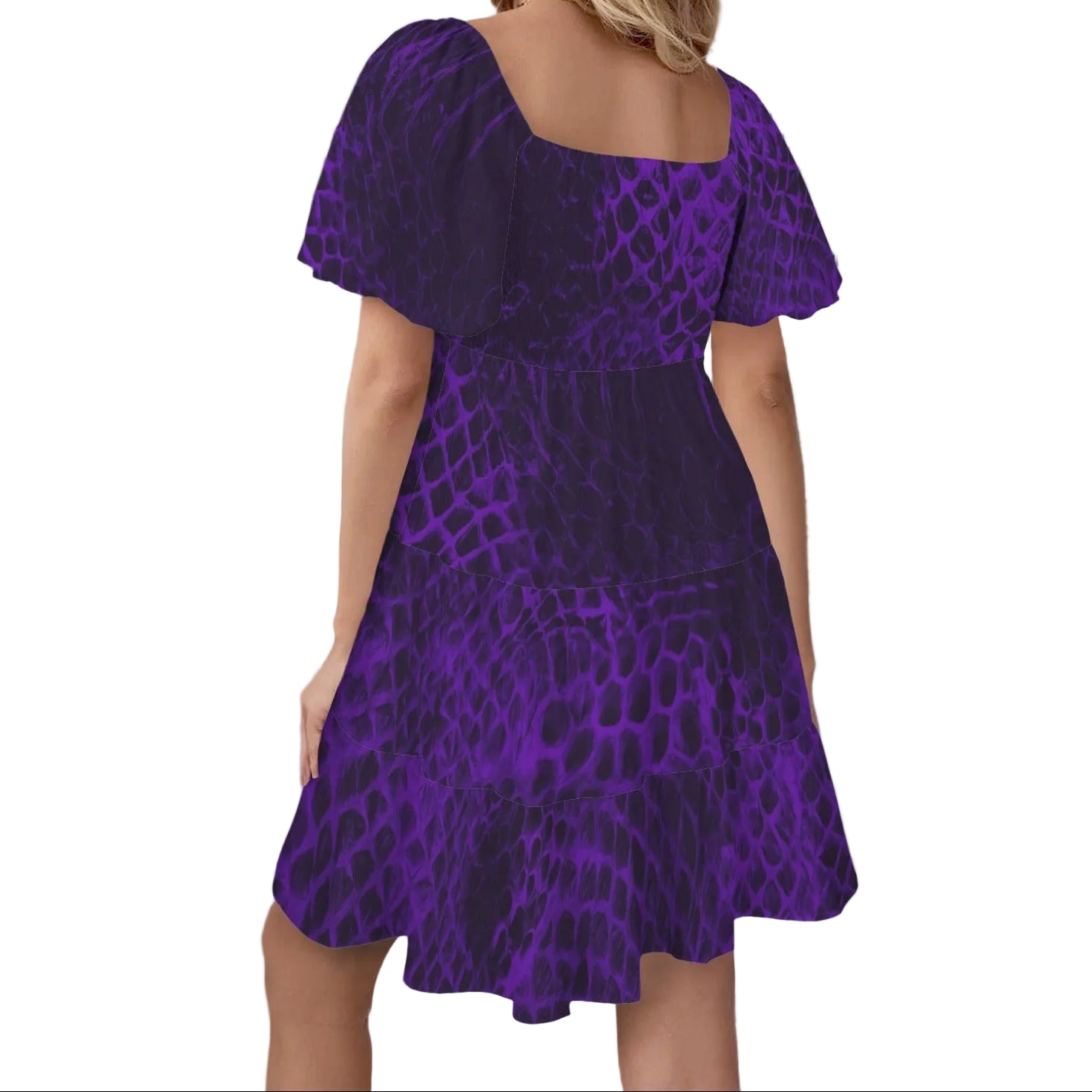 ANTIBrand Shedding Skin Purple Demon Skin Square Neck Puff Sleeve Tiered Dress