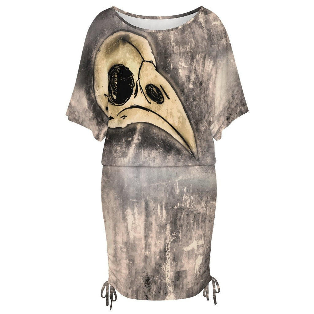 All Over Print Women's Boat Neck Batball Sleeve Pleated Dress