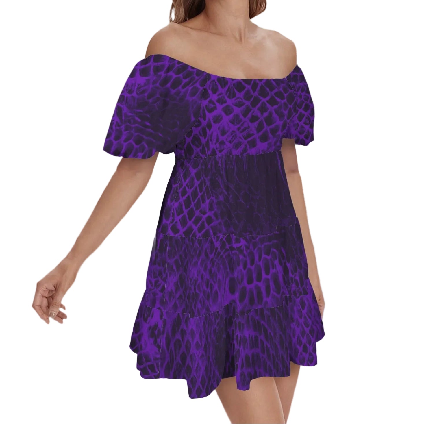 ANTIBrand Shedding Skin Purple Demon Skin Square Neck Puff Sleeve Tiered Dress