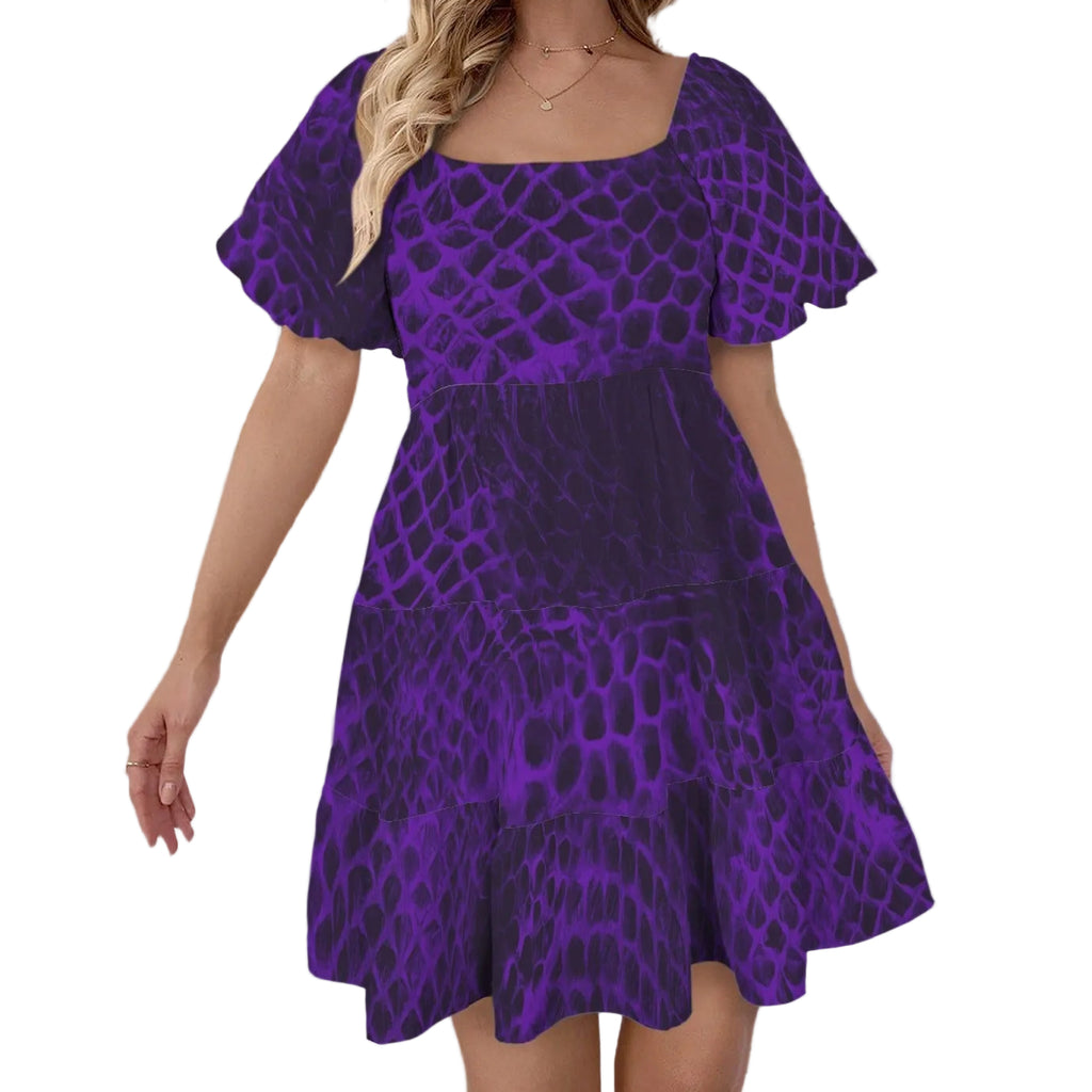 ANTIBrand Shedding Skin Purple Demon Skin Square Neck Puff Sleeve Tiered Dress