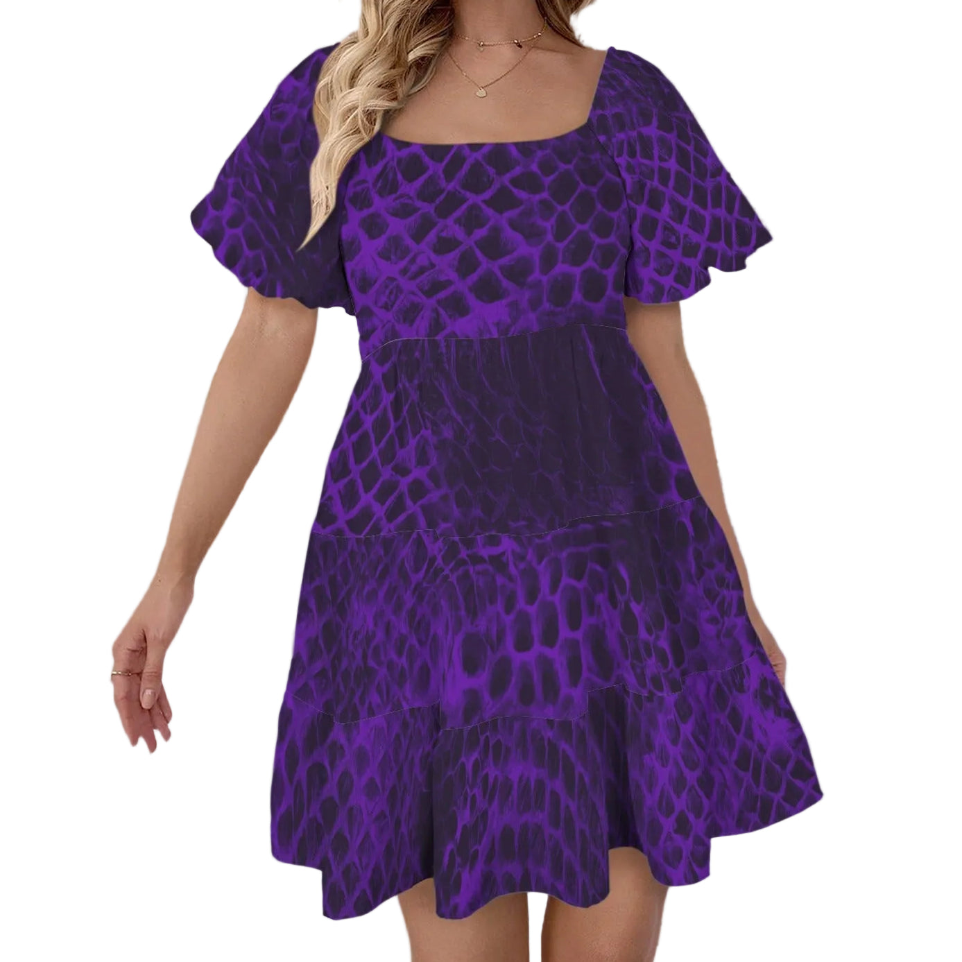 ANTIBrand Shedding Skin Purple Demon Skin Square Neck Puff Sleeve Tiered Dress