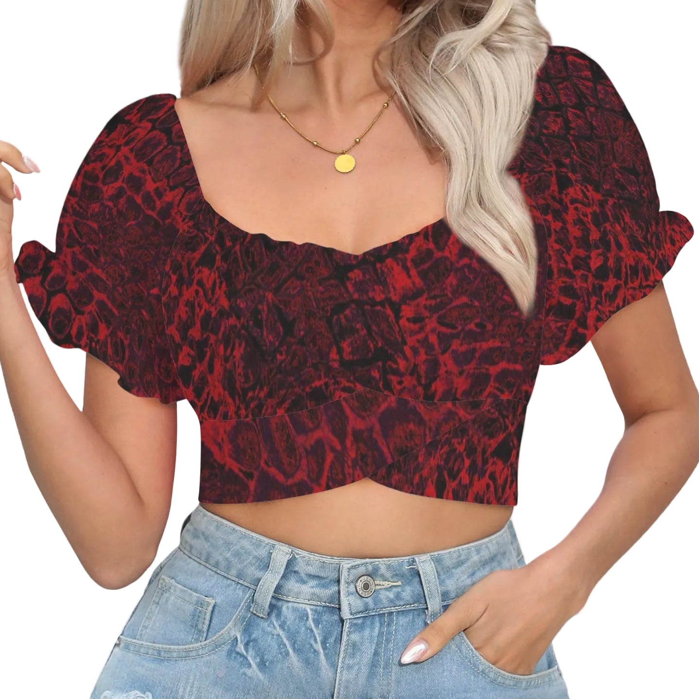 ANTIBrand Bloodscale Ruffle Puff Sleeve Tie Back Crop Top