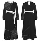 Gothic spiderweb maxi dress with long sleeves and waist tie