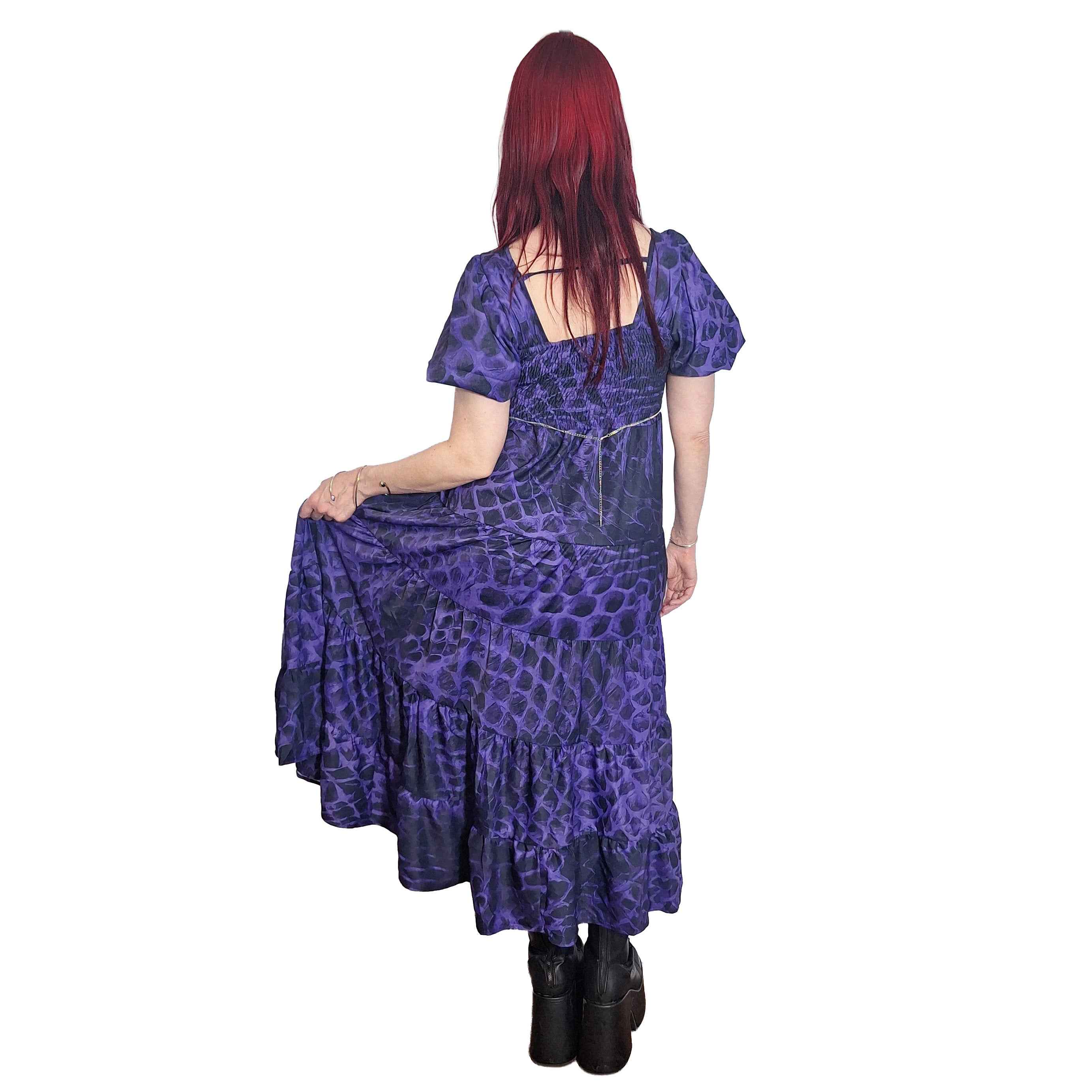 ANTIBrand Shedding Skin Purple Demon Skin Puff Sleeve Tiered Maxi Dress