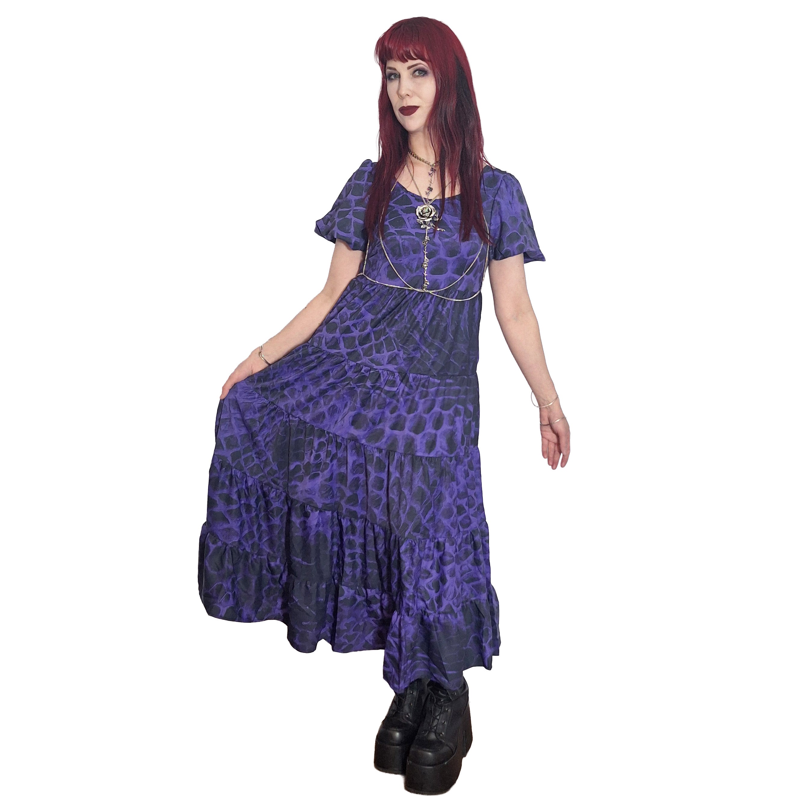 ANTIBrand Shedding Skin Purple Demon Skin Puff Sleeve Tiered Maxi Dress