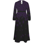 Long sleeve black maxi dress with purple skulls design