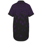 Black shirt dress with cascading purple skulls design