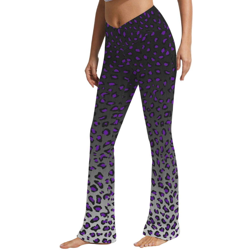 Steel Panther flared leggings with purple leopard print – front view