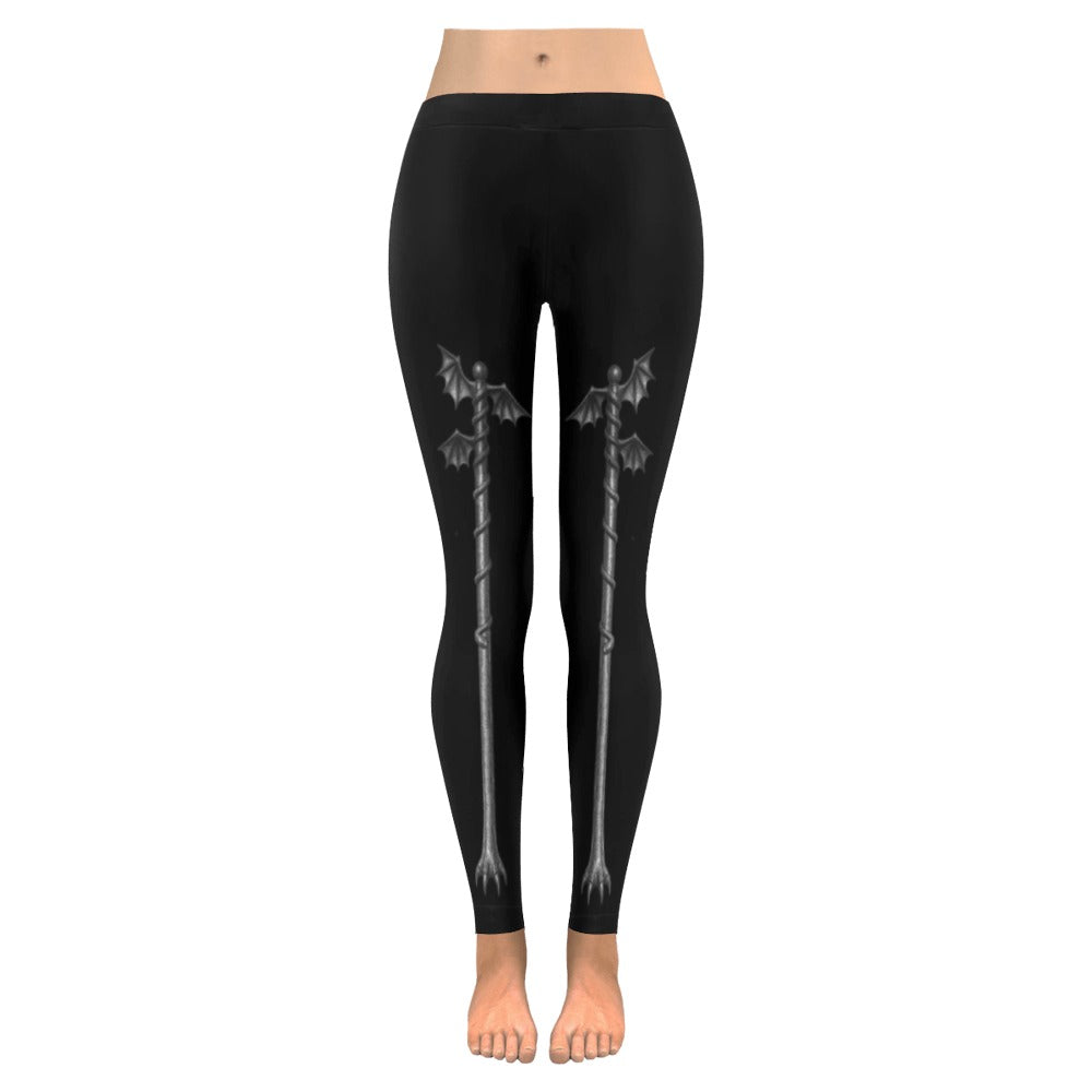 Front view of ANTIBrand Night Sigil Gothic leggings with bat staff artwork