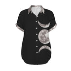 Front view of black lunar phases shirt with moon surface collar and cuffs