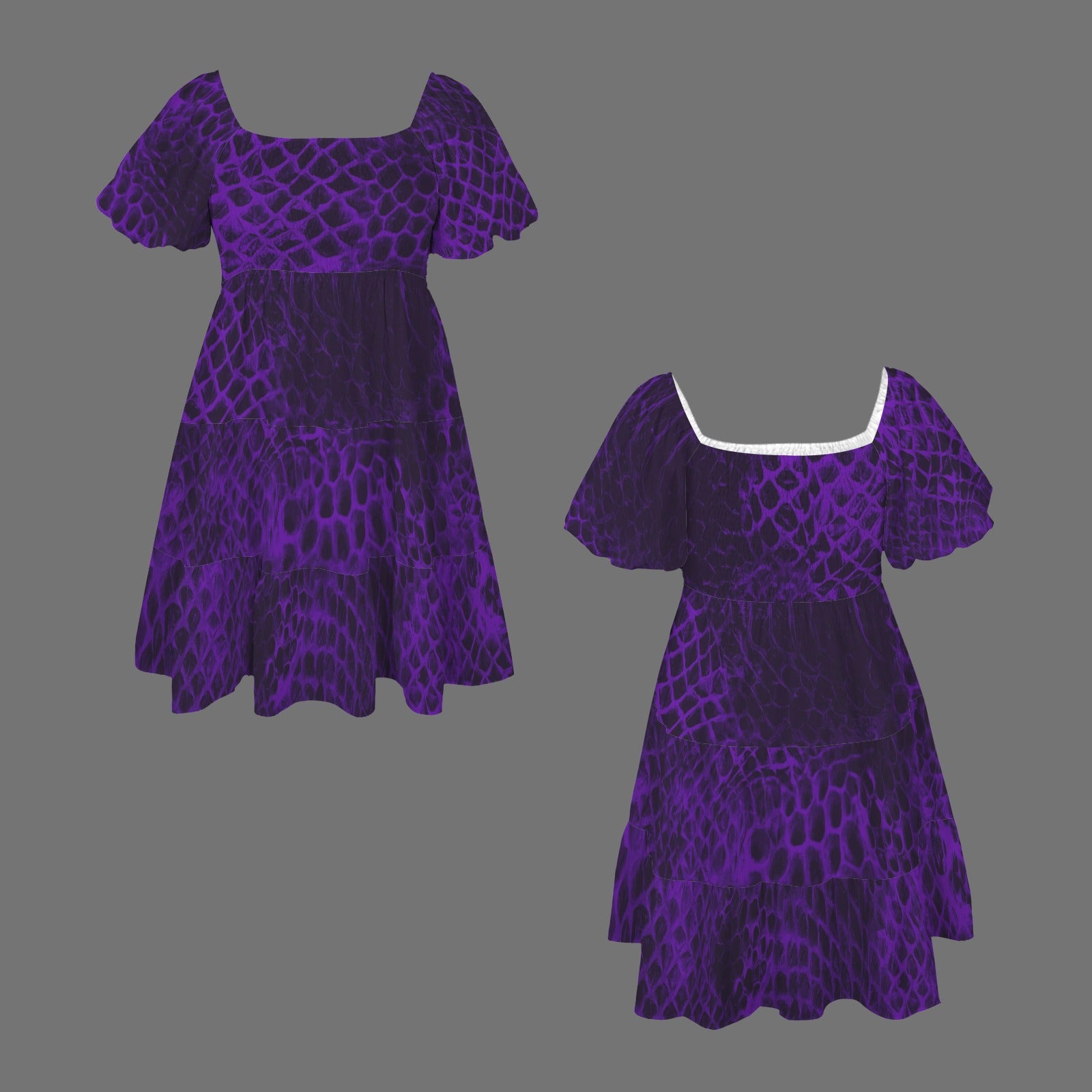 ANTIBrand Shedding Skin Purple Demon Skin Square Neck Puff Sleeve Tiered Dress
